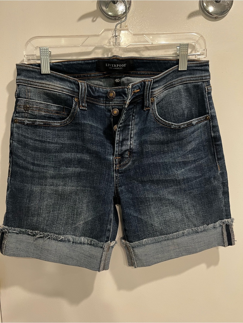 Liverpool Dark Indigo Rolled Cuff Button-Fly Denim Shorts - Size 4/27